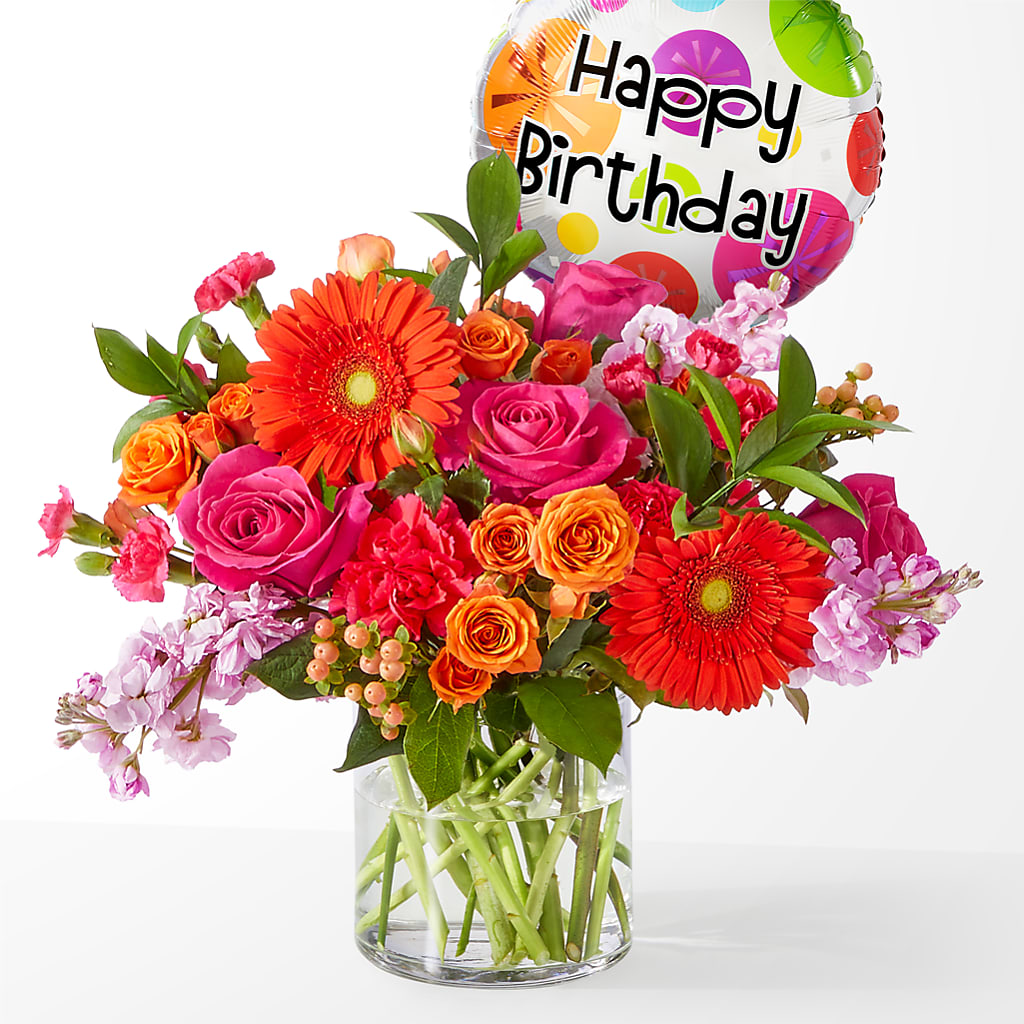 Fiesta Bouquet with Birthday Balloon – Oliver Flower Shop Inc, Pittsburgh PA