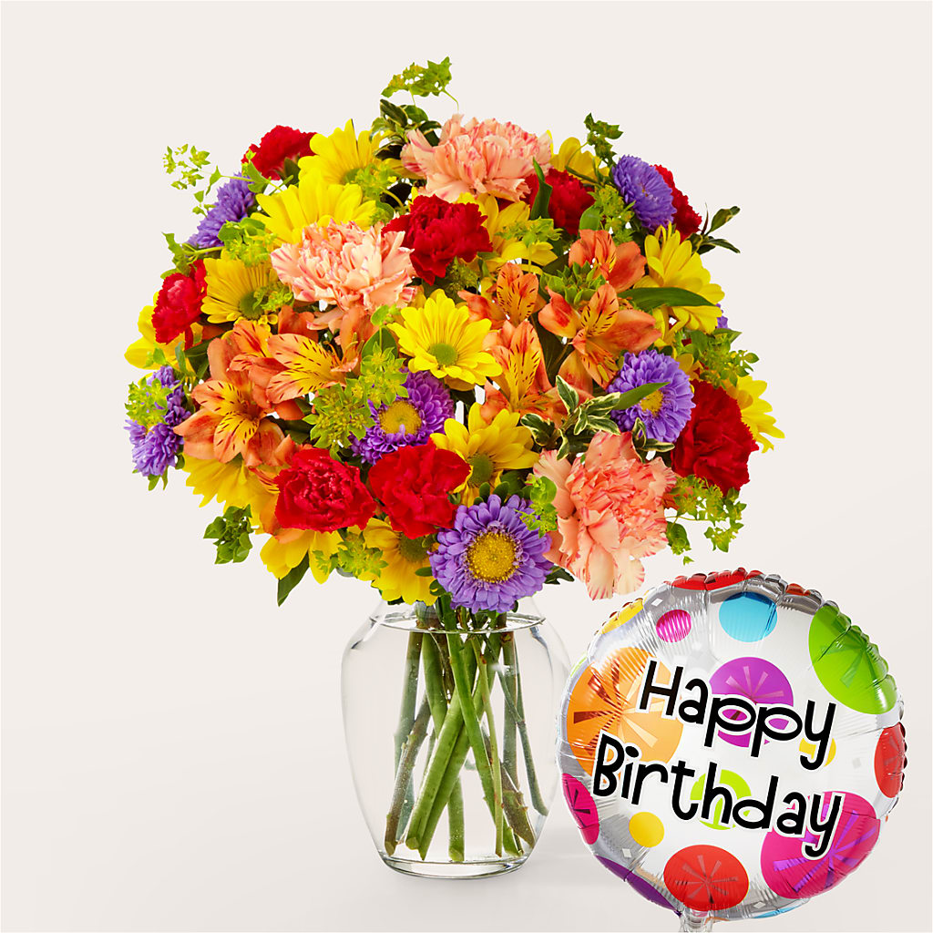 Kaleidoscope Bouquet with Birthday Balloon – Oliver Flower Shop Inc, Pittsburgh PA