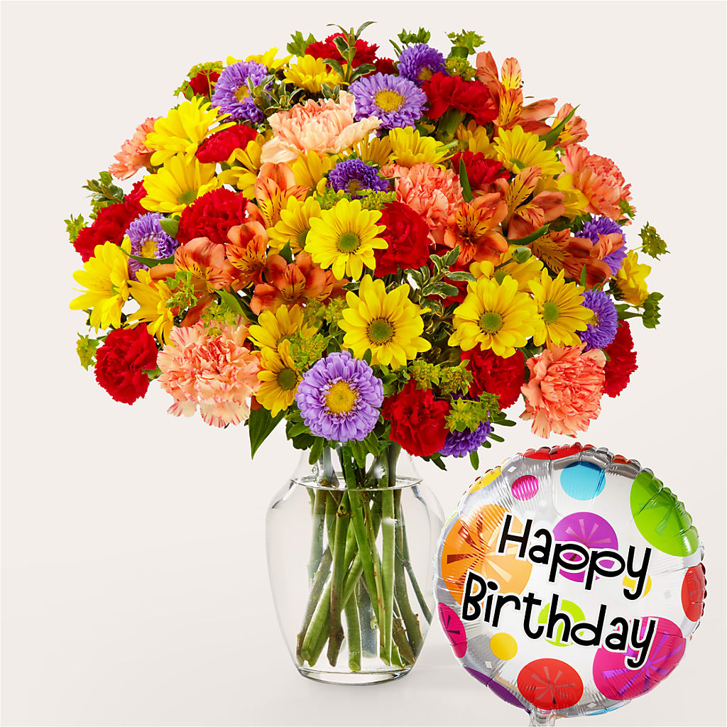 Kaleidoscope Bouquet with Birthday Balloon – Oliver Flower Shop Inc, Pittsburgh PA