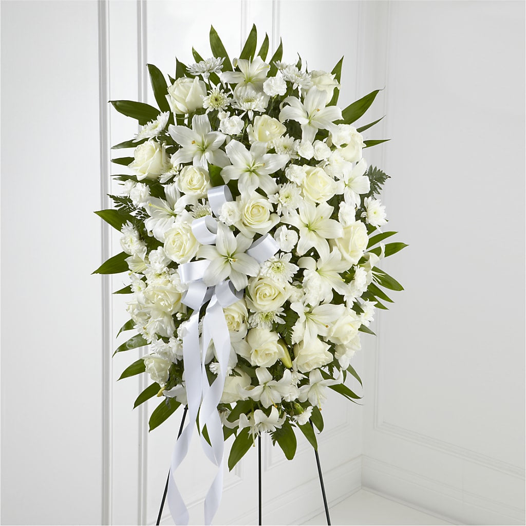 Exquisite Tribute Standing Spray-White Ribbon – Oliver Flower Shop Inc, Pittsburgh PA