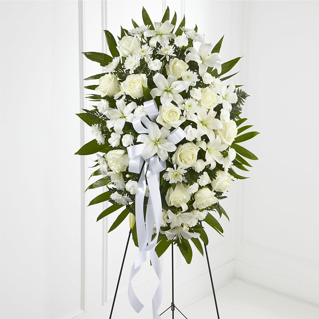 Exquisite Tribute Standing Spray-White Ribbon – Oliver Flower Shop Inc, Pittsburgh PA